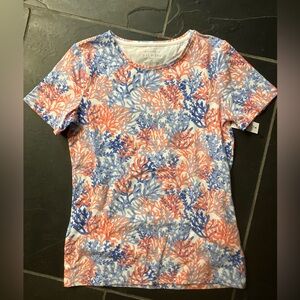 Talbots Women’s Petite Blue and Pink Coral Print Short Sleeve Top